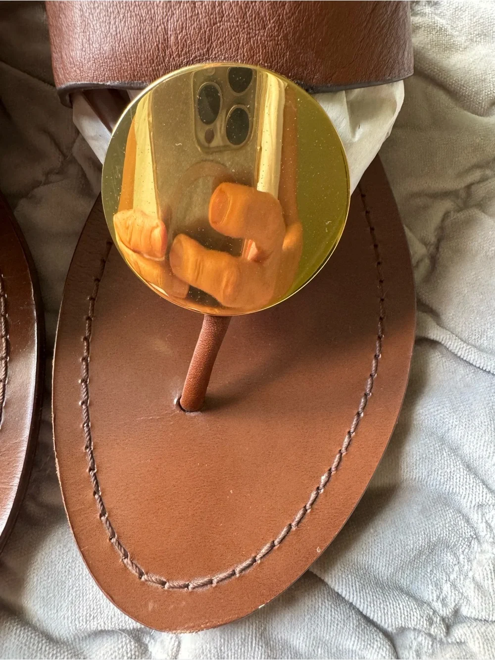Tory Burch Brown Leather Toe-Post Sandals with Gold Disc